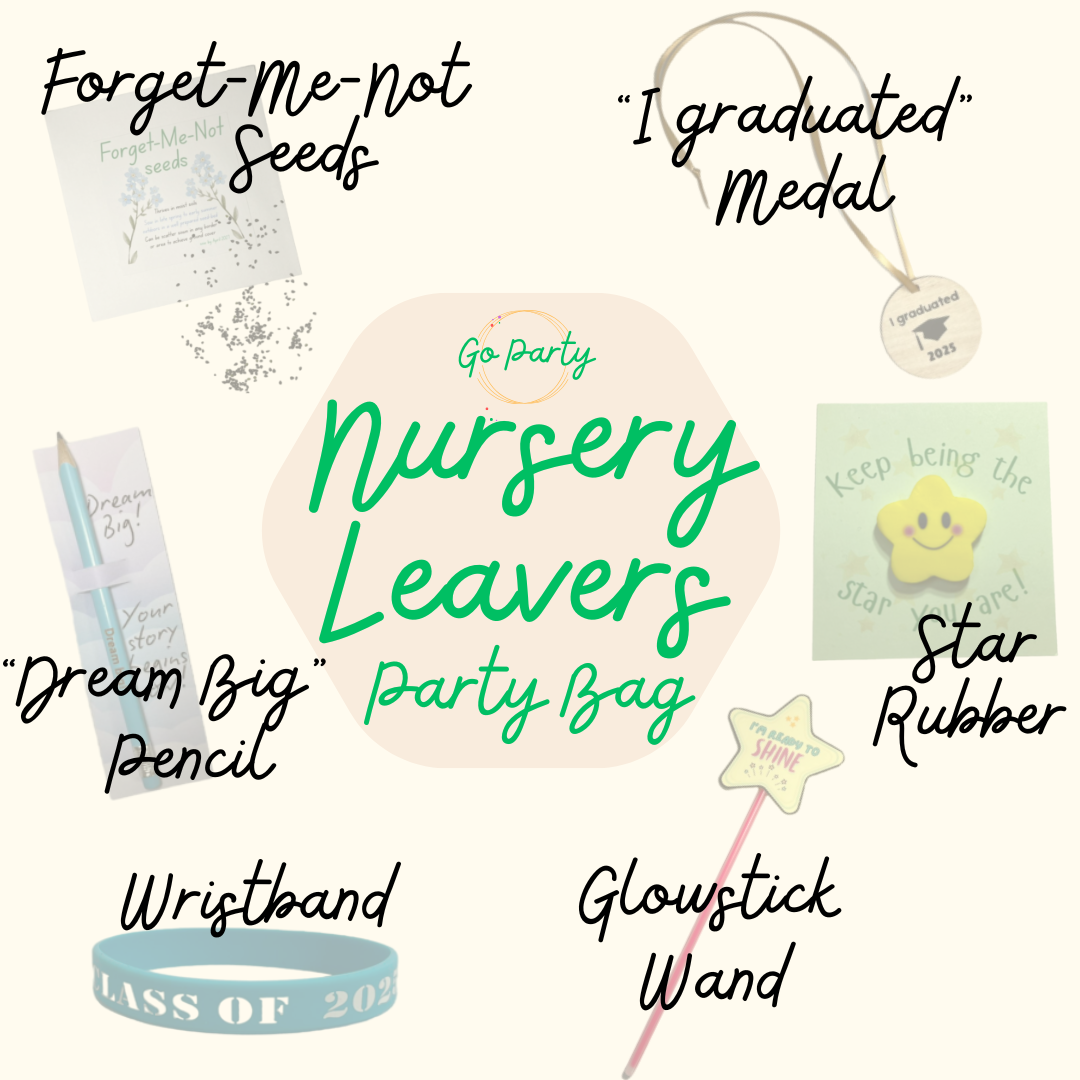 Infographic reading "Nursery Leavers Party Bag". It reads “forget-me-not seeds”, “dream big pencil” “wristband”, “glowstick wand”, “star rubber” and “I graduated medal”. Behind each phrase is an image of the item.
